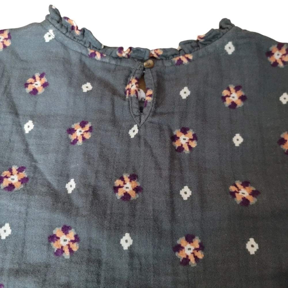 Sonoma Boho Green Teal Floral Print Peasant Blouse Ruffle Trim Crew Neck Blouse